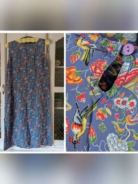 M VTG 90s Slip Dress Sleeveless Blue Floral & Bird Print Maxi Dress 1920s